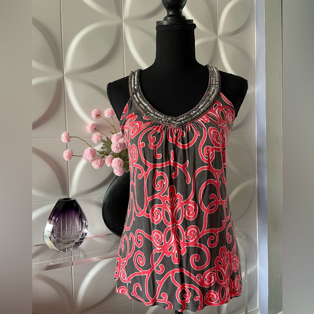 INC International Concepts Women's Charcoal & Red Sequined Tank Top Size Petite